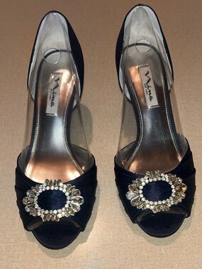 Nina Navy Satin Peep-Toe Heels with Crystal Brooch